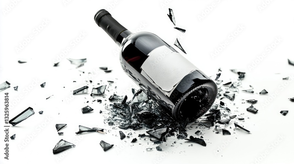 Poster a shattered wine bottle with glass shards surrounding it, isolated on white, emphasizing the jagged 