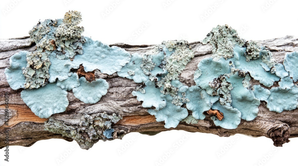 Poster a side profile of tree bark with cyan-colored lichen, isolated on white, offering a natural and eart