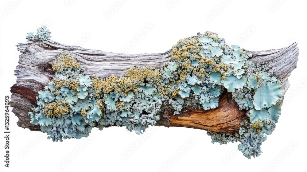 Poster a side profile of tree bark with cyan-colored lichen, isolated on white, offering a natural and eart