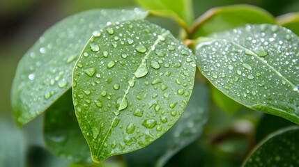 Closeup Dew Drops on Lush Green Leaves Nature Photography