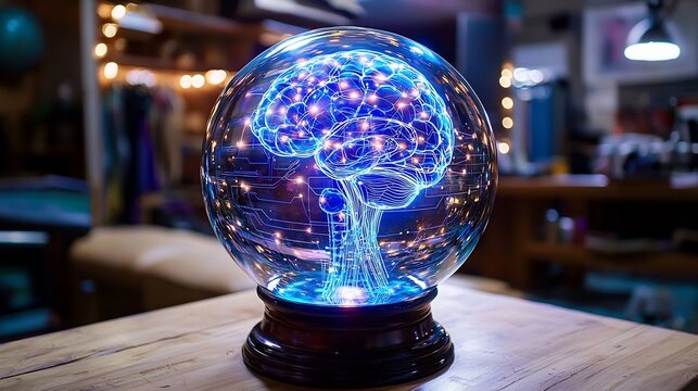 Neural network glowing inside a crystal ball predicting the future of artificial intelligence
