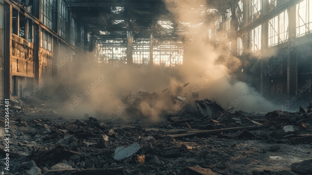 Poster a smoky interior of a demolished industrial building with dust and debris floating in the air, showc