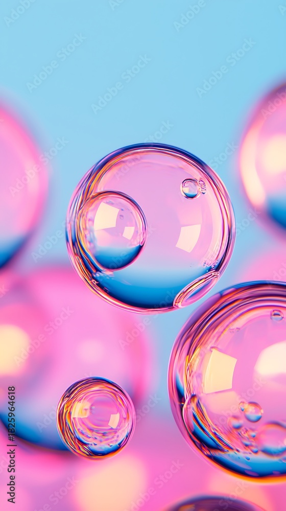 Poster colorful soap bubbles float against a soft blue background, creating a vibrant and whimsical effect.