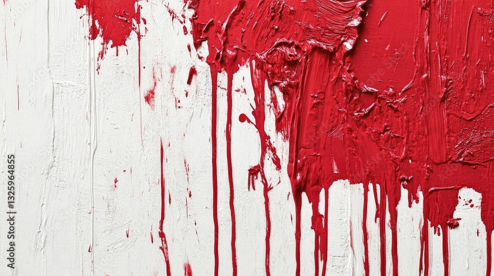 Poster A striking abstract composition of red paint splashes and drips on a white canvas, offering a vivid texture and dynamic visual for modern art enthusiasts