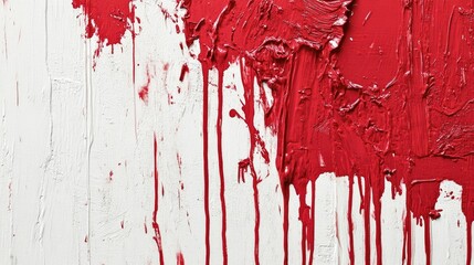 A striking abstract composition of red paint splashes and drips on a white canvas, offering a vivid texture and dynamic visual for modern art enthusiasts