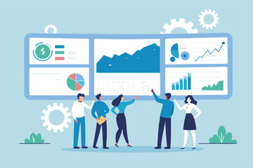 Data analysis, marketing research, statistics visualization graph and chart model, prediction benchmark or analytics diagram, insight and trend, business people look at data analysis graph and chart.