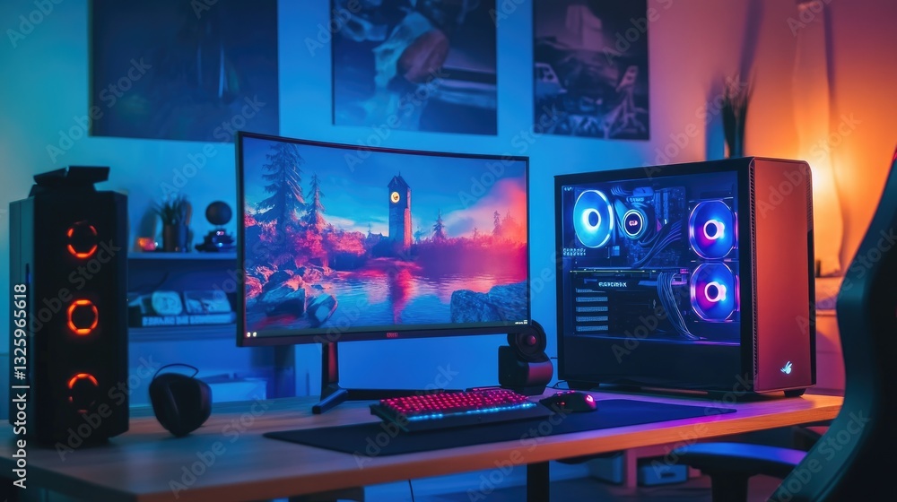 Poster a stylish computer workstation featuring an ultrawide curved gaming monitor, accompanied by a powerf