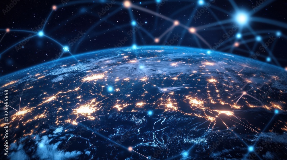 Poster global network interconnectedness. earth at night, illuminated city lights, connected by digital lin