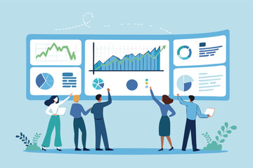 Fototapeta premium Data analysis, marketing research, statistics visualization graph and chart model, prediction benchmark or analytics diagram, insight and trend, business people look at data analysis graph and chart.