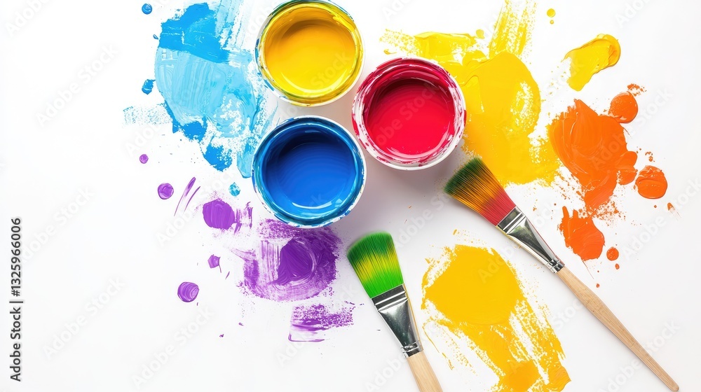 Poster a top view of colorful paint buckets with a paintbrush and spilled dye, isolated on white, perfect f