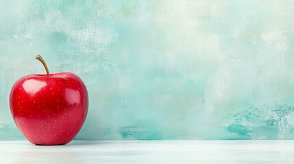 A vibrant red apple sits on a clean surface against a soft, textured blue-green background, symbolizing freshness and health.