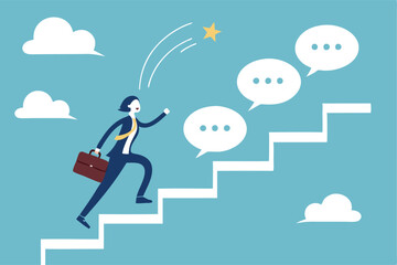 Advice, discussion talking, guidance, tips or suggestion for business success, help, wisdom, feedback to help develop improvement concept, businessman walk up speech bubble as stair to reach success.