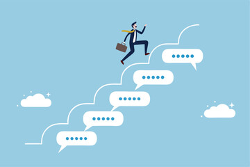 Advice, discussion talking, guidance, tips or suggestion for business success, help, wisdom, feedback to help develop improvement concept, businessman walk up speech bubble as stair to reach success.