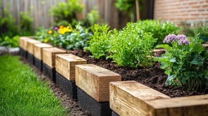A backyard path made of wooden boards, lined with plants in a home setting