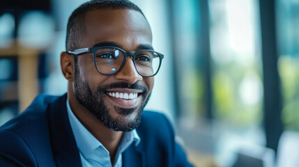 Fototapeta premium Portrait of a happy smiling african american businessman wearing glasses male face style model person