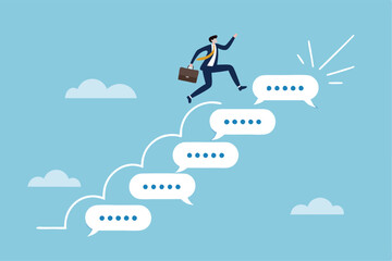 Advice, discussion talking, guidance, tips or suggestion for business success, help, wisdom, feedback to help develop improvement concept, businessman walk up speech bubble as stair to reach success.