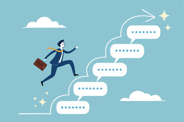 Advice, discussion talking, guidance, tips or suggestion for business success, help, wisdom, feedback to help develop improvement concept, businessman walk up speech bubble as stair to reach success.