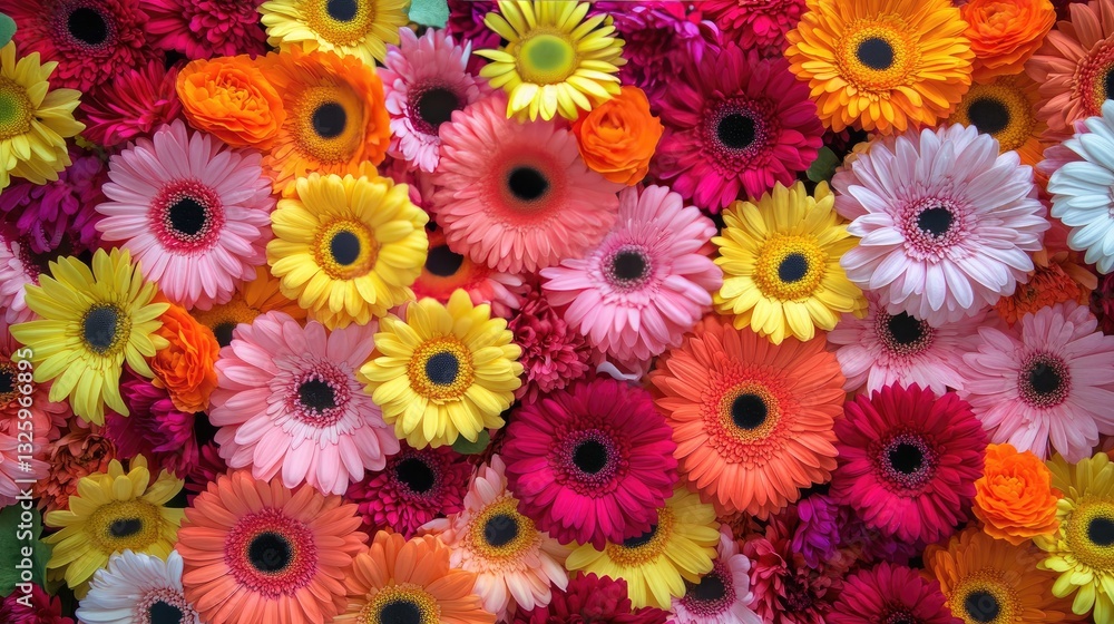 Poster a vibrant floral background featuring a mix of colorful gerbera daisies and chrysanthemums, creating