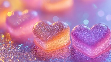 Fototapeta premium A background of shimmering purple glitter adorned with transparent pink heart shapes, ideal for romantic or whimsical designs