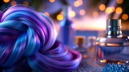 Vivid strands: A luminous interplay of hair and perfume elegance backdrop