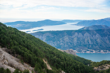 Panoramic view of Kotor Bay Boca and mountains from mountain view point in Montenegro in winter time