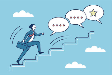 Advice, discussion talking, guidance, tips or suggestion for business success, help, wisdom, feedback to help develop improvement concept, businessman walk up speech bubble as stair to reach success.