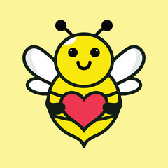 Cute bee logo design vector | Cute-friendly cartoon bee logo | A cute cartoon bee holding a heart in its little hands, designed in a delightful vector illustration style