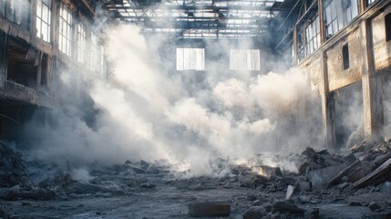 A view inside a demolished industrial building, smoke and dust rising through the debris, evoking the aftermath of heavy demolition work