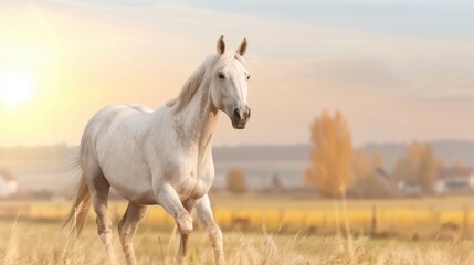 Obraz premium Majestic White Horse Galloping in Golden Meadow Under Soft Sunrise Light