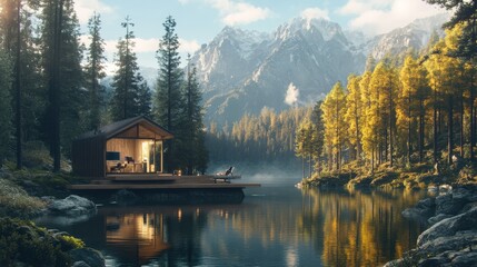 Fototapeta premium A tranquil cabin in the woods, a freelancer working remotely with a breathtaking mountain view