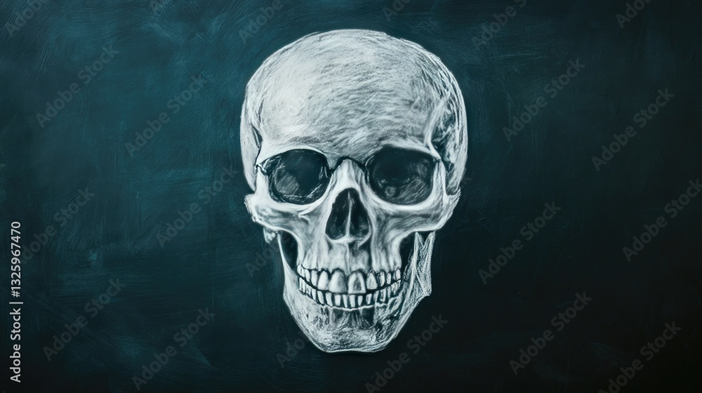 Poster a white chalk skull icon hand-drawn on a blackboard with visible texture, giving the image a grunge 