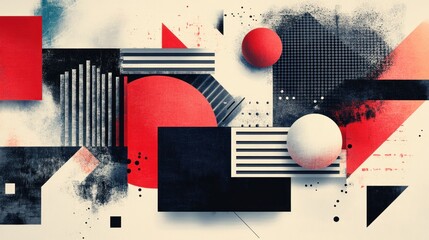 Abstract geometric shapes composition with red, black, and white forms.