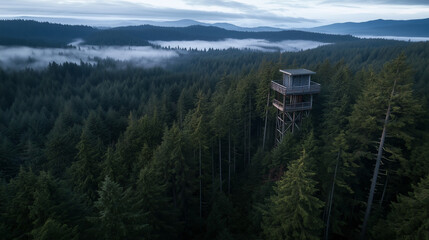 Obraz premium Misty forest view from a fire lookout tower, atmospheric mountain landscape with morning fog