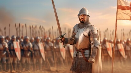 Knight in Armor Leading Soldiers on Battlefield at Sunset with Banners and Shields