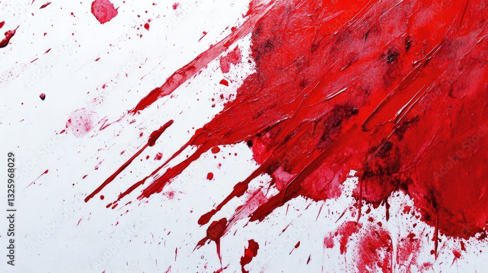 Poster Abstract red paint splashes and drips on a white canvas, creating a vivid texture and energetic visual for art lovers and modern design aficionados