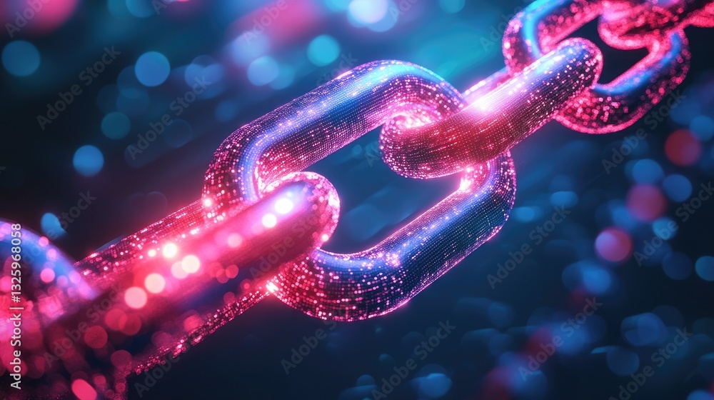 Poster An abstract digital chain link surrounded by glowing nodes, representing blockchain technology and secure, encrypted data transfers in a modern tech environment