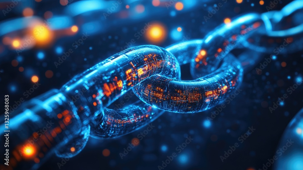 Poster An abstract digital chain link surrounded by glowing nodes, representing blockchain technology and secure, encrypted data transfers in a modern tech environment