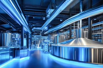 Sleek stainless steel brewery with illuminated industrial design under blue lights