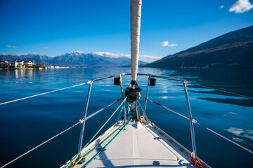 Yacht sailing in Adriatic sea. Close-up view of the deck, mast and sails. Yachting concept