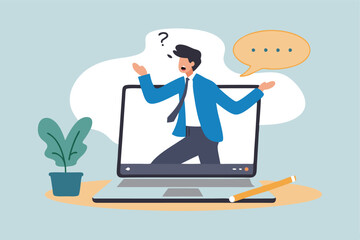 Online video interview, meeting discussion or teaching e-learning, job interview or employment, talk or chat with colleague, conference call, businessman talking on computer laptop online interview.