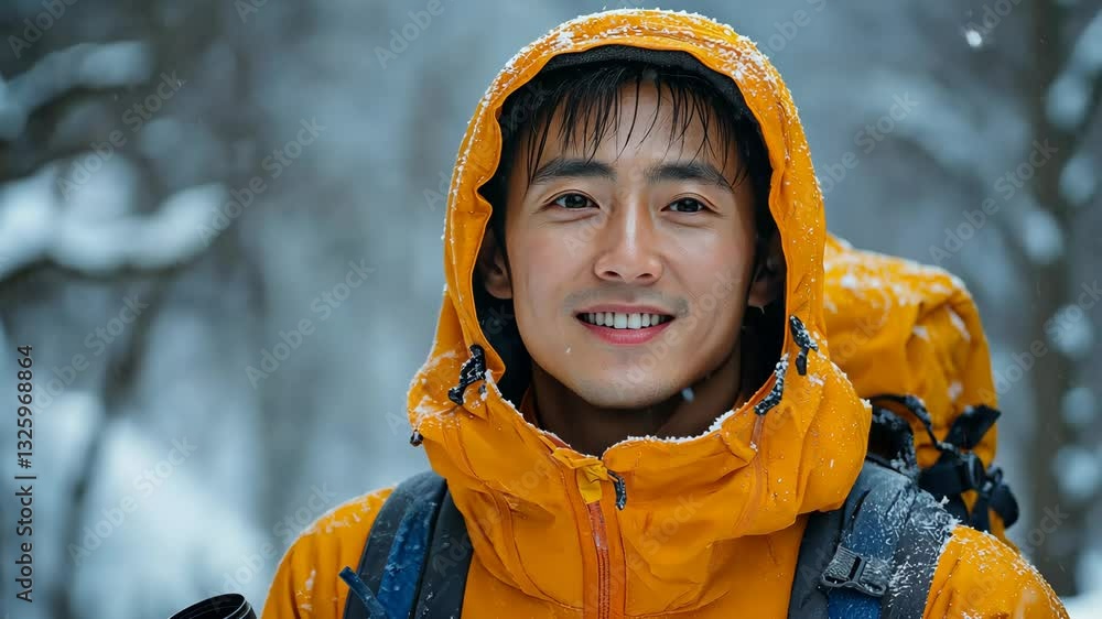 Aufkleber man in a yellow jacket is smiling and posing for a picture. he is wearing a backpack and he is enjoy