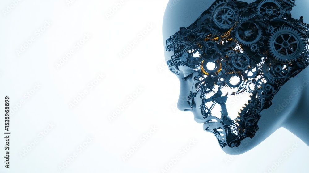 Poster futuristic robotic head gears technology ai 3d render innovation engineering cyberp