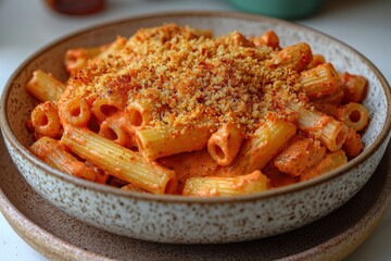 A close-up of rigatoni pasta with a creamy tomato sauce, topped with golden breadcrumbs, served in a speckled ceramic bowl on a matching plate, food photography.