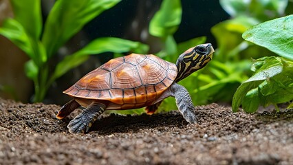 Fototapeta premium A turtle crawling in a natural habitat, surrounded by green plants and a sandy substrate. Concept Turtle in Habitat, Nature Photography, Green Plants, Sandy Substrate, Wildlife Observation