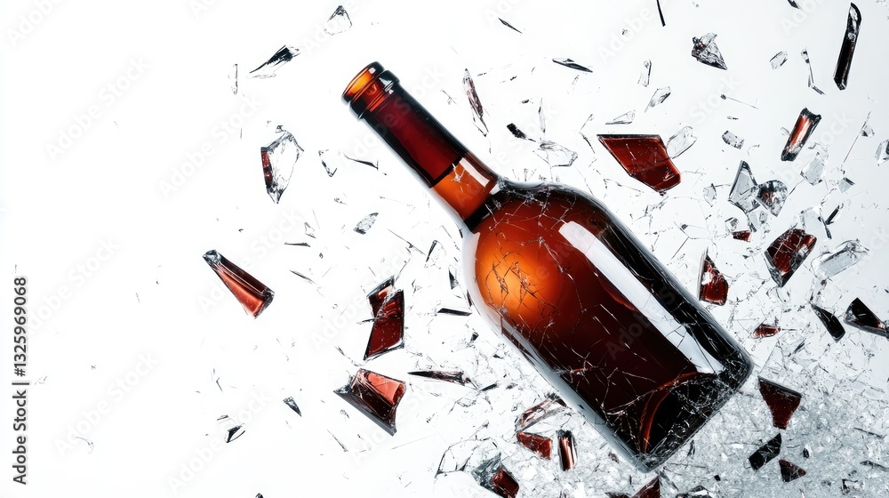 Poster Broken glass shards scattered around a broken wine bottle, isolated on a clean white background, creating a sharp and dramatic visual
