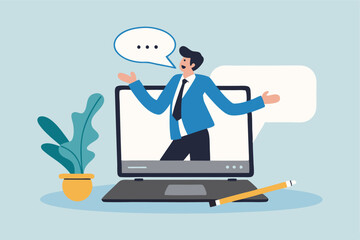 Online video interview, meeting discussion or teaching e-learning, job interview or employment, talk or chat with colleague, conference call, businessman talking on computer laptop online interview.