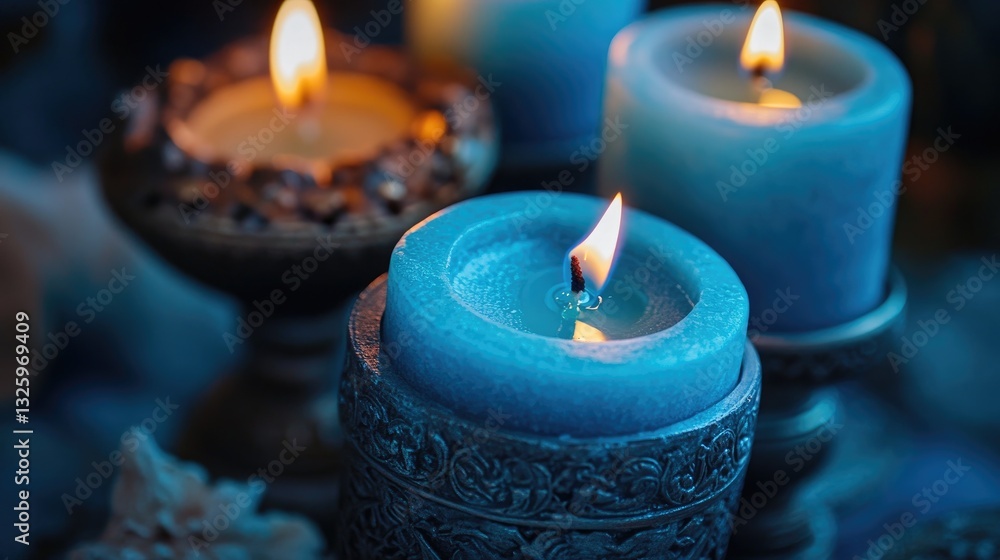 Poster close-up of blue candles in ornate candle holders, surrounded by intricate detailing, creating a cal