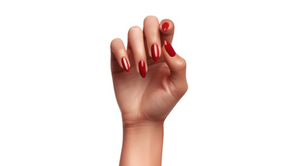Obraz premium Woman hand with red nail polish making a picking gesture on transparent background