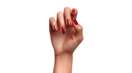 Woman hand with red nail polish making a picking gesture on transparent background