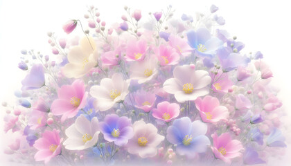 A hologram of soft pink, lavender and light yellow flowers in full bloom, the flowers blending together and swaying naturally
